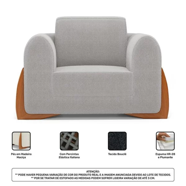 Poltrona Decorativa Living Bloom com Pés de Madeira Bouclê Cinza - Image 6