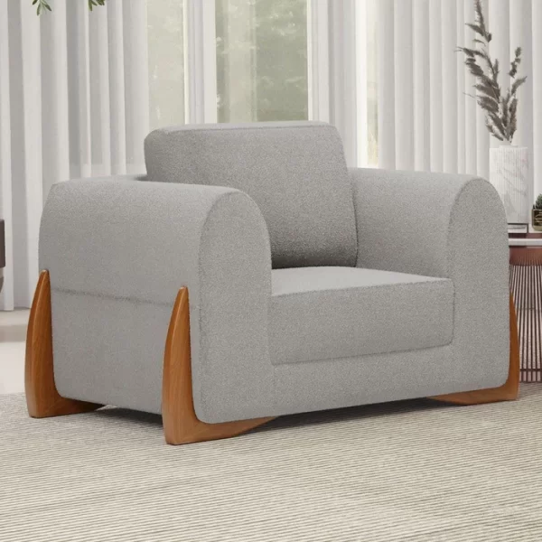 Poltrona Decorativa Living Bloom com Pés de Madeira Bouclê Cinza