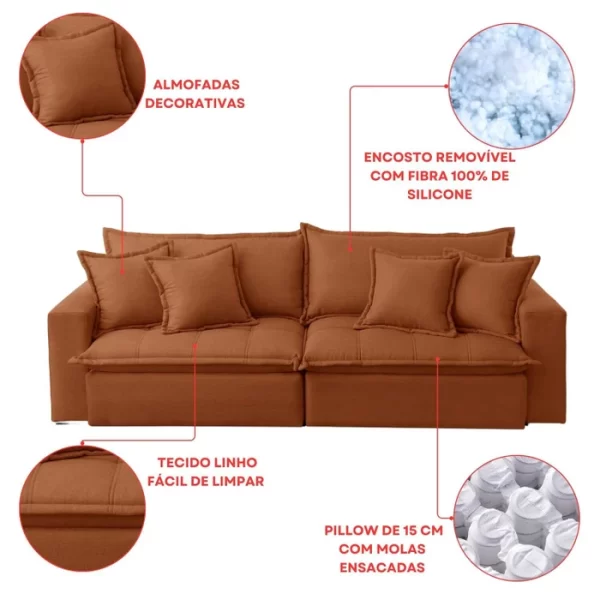 Sofá Cama Aston 3 Lugares Retrátil Reclinável 2,10m  com Molas Ensacadas Veludo Terracota - Image 8