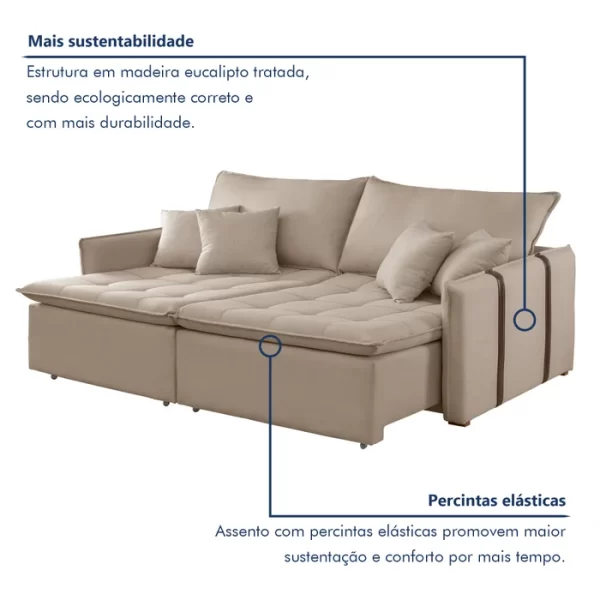 Sofá Cama 200cm Em Madeira Eucalipto Linho Bege - Image 7
