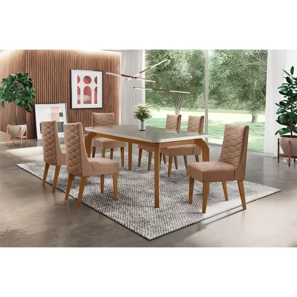 Sala De Jantar Bela 180 Tampo MDF Com Vidro Canto Reto 6 Cadeiras
