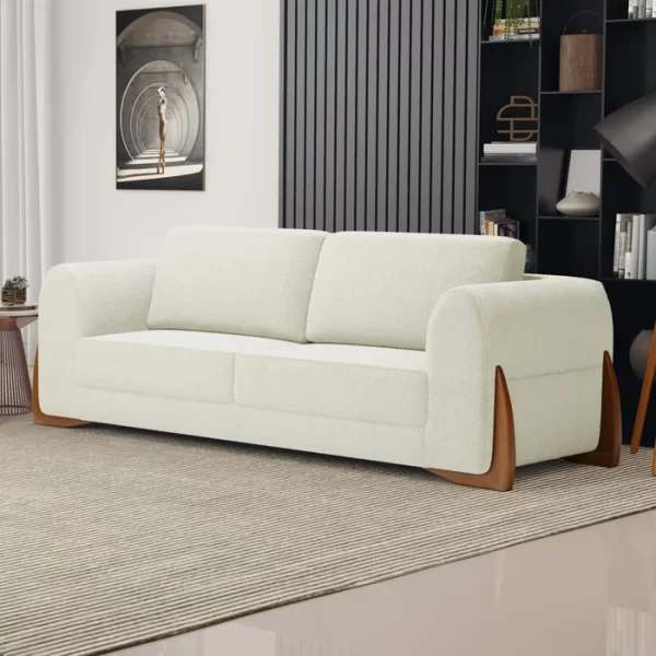 Sofá Living Bloom 200cm 04 Lugares com Pés de Madeira Bouclê Off White