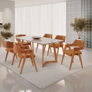 Mesa de Jantar Fineza 180x90 Off White com 6 Cadeiras Esmeraldas Courino Caramelo